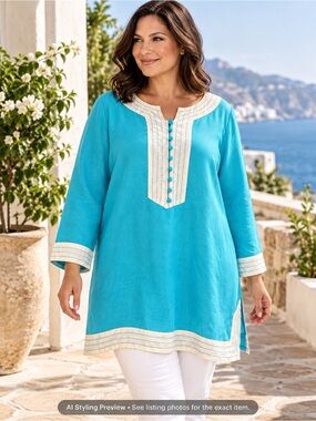 Kerry Brooke XL Aqua Blue Linen Blend Tunic Top Resort Coastal